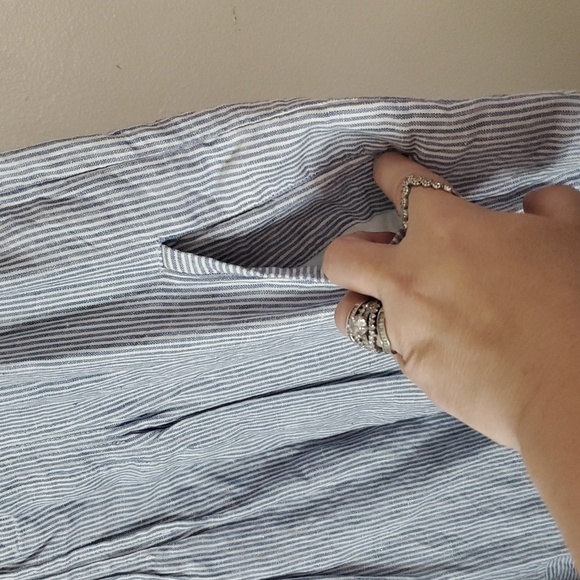 Faherty Isha Linen Swing Dress Size Medium Pockets Blue White Stripe Mini Beach - Picture 5 of 13